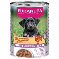 18 + 6 gratis! 24 x 400 g Eukanuba hrană umedă de câini - Puppy Bogat în curcan cu morcovi 24 x 400 g