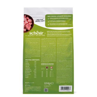 Schesir Respect My Nature, 1,5 kg. Analytiske bestanddele: Protein 35%, fedt 17%, råfibre 2,2%. Fodringsanbefaling efter vægt. Frisk svinekød, tranebær, DL-methionin.
