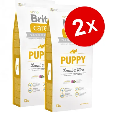 Lot de 2 sacs Brit Care Puppy Lamb & Rice, 12 kg chacun. Texte visible : hypoallergenic formula for puppies & junior dogs of all breeds (4 weeks–12 months). Lot de 2 sacs Brit Care Puppy Lamb & Rice, 12 kg chacun. Texte visible : hypoallergenic formula for puppies & junior dogs of all breeds (4 weeks–12 months).