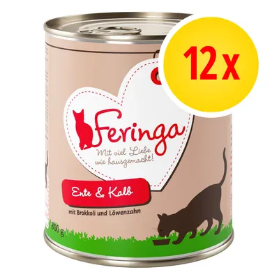 Feringa natvoer voor katten, eend & kalf met broccoli en paardenbloem, 800 g blik, voordeelverpakking 12x. Tekst op blik: 'Mit viel Liebe wie hausgemacht!'. Feringa natvoer voor katten, eend & kalf met broccoli en paardenbloem, 800 g blik, voordeelverpakking 12x. Tekst op blik: 'Mit viel Liebe wie hausgemacht!'.