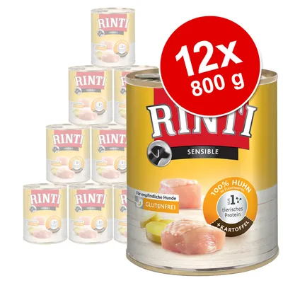 Rinti Sensible 12 x 800g tins, visible text: 100% Huhn, 1% tierisches Protein, Glutenfrei, Kartoffel. Image shows multiple cans with chicken and potato on label.