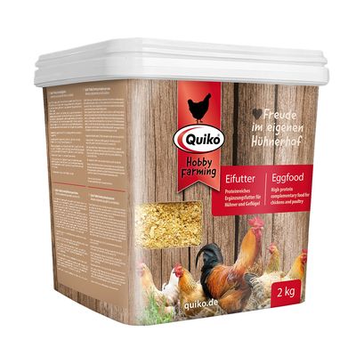 Quiko Hobby Farming Eifutter Eggfood, aliment complémentaire riche en protéines pour poules et volailles, 500 g. Texte visible en anglais et allemand sur l’emballage.