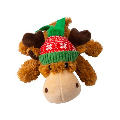 Jouet en peluche pour chien en forme d’animal marron avec écharpe verte et ventre à motif rouge et blanc, mention visible : SQUEAKS COUINE QUIETSCH SQUITISCE.