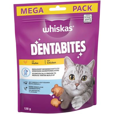 Various Whiskas cat products: Temptations, Dentabites, CatMilk, Milky Treats and Pounce & Play against a purple background with a cat. Text: Try our range.