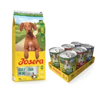 12,5 kg Josera Adult + 6 x 400 g / 800 g Meatlovers Nassfutter gratis! - 12,5 kg Daily Menu Ente + 6 x 400 g Menü Mix (3 Sorten)