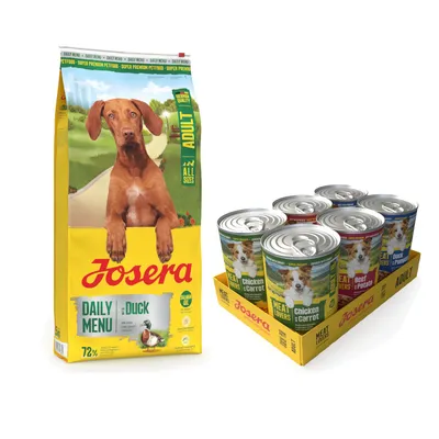 12,5 kg Josera Adult + 6 x 400 g / 800 g Meatlovers Nassfutter gratis! - 12,5 kg Daily Menu Ente + 6 x 400 g Menü Mix (3 Sorten) 12,5 kg Josera Adult + 6 x 400 g / 800 g Meatlovers Nassfutter gratis! - 12,5 kg Daily Menu Ente + 6 x 400 g Menü Mix (3 Sorten)