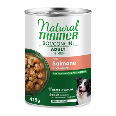 9 + 3 в подарок Natural Trainer влажный корм для собак, 12 x 415 г / 12 x 400 г  - Bocconcini Adult Medium & Maxi Chunks лосось, 12 х 415 г