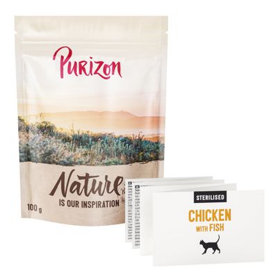 Purizon Nature este inspirația noastră, 100 g. Pui sterilizat cu pește, Silueta unei pisici.