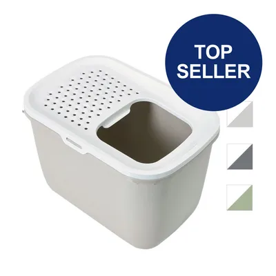 Katzentoilette mit Einstieg von oben, perforierter Deckel, erhältlich in drei Farben. Blauer Kreis mit Text 'Top Seller'.