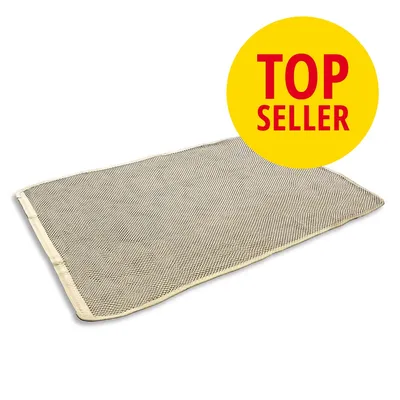 Beige Kratzmatte mit gelbem Kreis und rotem Text 'Top Seller'.