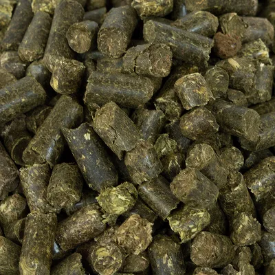 Primo piano di pellet pressati di colore marrone scuro a base vegetale. Struttura e dettagli dei pellet visibili.