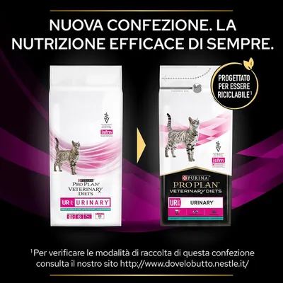 Nuova confezione Purina Pro Plan Veterinary Diets UR Urinary per gatti, progettata per essere riciclabile. Immagine delle due confezioni con testo: 'Nutrizione efficace di sempre'.