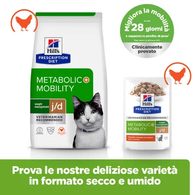 hill's prescription diet metabolic + mobility j/d, alimento secco e umido con pollo, supporta la mobilità secondo le indicazioni del produttore. Prova le nostre deliziose varietà in formato secco e, umido.