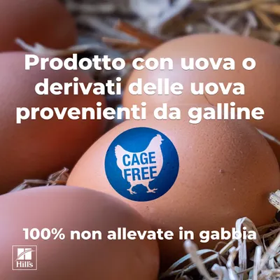 Prodotto con uova o derivati delle uova di galline non allevate in gabbia. Cage Free. 100% non allevate in gabbia.