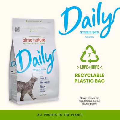 almo nature Daily Sterilised med tonfisk, återvinningsbar LDPE+HDPE-plastpåse, all vinst går till planeten, vänligen kontrollera lokala återvinningsregler