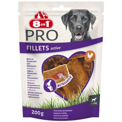 8in1 Fillets pro active. Premium Hähnchensnack, aromatisiert mit Glucosamin und Chondroitin, unterstützt die Mobilität. Chicken Snack #Nutri-Center.