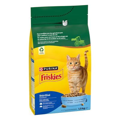 Purina Friskies Steriloiduille kissoille, ilman väriaineita, lohen ja vihannesten kanssa, 1,5 kg. Kierrätettävä pakkaus.