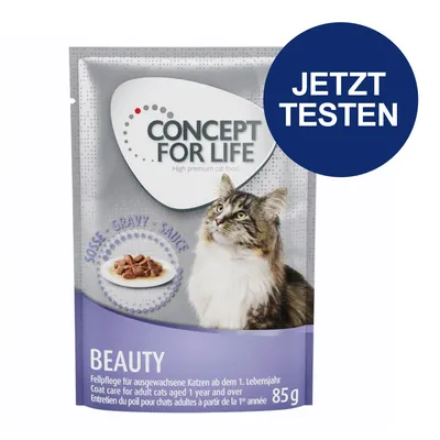 Concept for Life Beauty, Fellpflege für ausgewachsene Katzen ab dem 1. Lebensjahr, Soße-Gravy-Sauce, 85g. Jetzt testen.