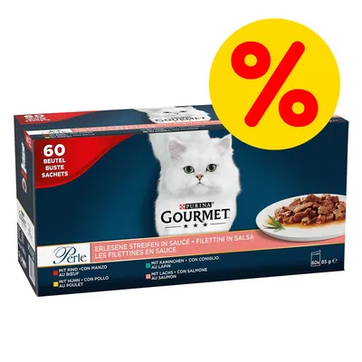 Purina Gourmet Perle, 60 sáčků po 85 g, mix příchutí: hovězí, kuřecí, králičí, losos. Akční nabídka označená žlutým symbolem procenta.