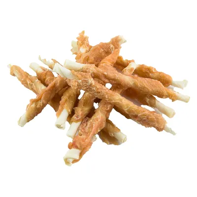 Kaurollen aus weißem Kauknochen, umwickelt mit getrocknetem Hühnerfleisch. Ideal als Snack oder Belohnung für Haustiere.