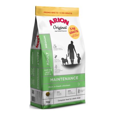 Arion Original Adult Medium Maintenance Hundefutter, geeignet für Hunde von 10-25kg. Frisches Hühnchen, 75% tierisches Protein, 46% tierische Zutaten, getreidefrei, mit Präbiotika und Vitamin C.