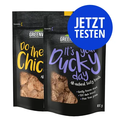 Greenwoods Snacks: 'Do the Chick' mit Huhn und 'It's your Ducky day' mit Ente, gefriergetrocknet, 97% Fleischanteil, getreidefrei, 100g. Jetzt testen.