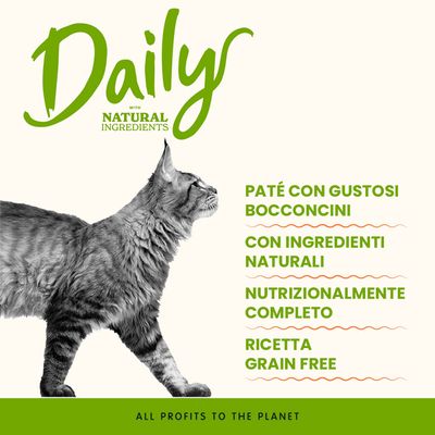 Daily con ingredienti naturali. Paté con gustosi bocconcini, con ingredienti naturali, nutrizionalmente completo, ricetta senza cereali. Tutti i profitti per il pianeta.
