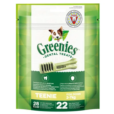 Greenies Dental Treats Teenie til hunde 2-7 kg, 22 daglige tandplejesnacks, 28 kcal pr. snack. Udviklet med dyrlæger til tandpleje, hjælper med at reducere plak og tandsten.