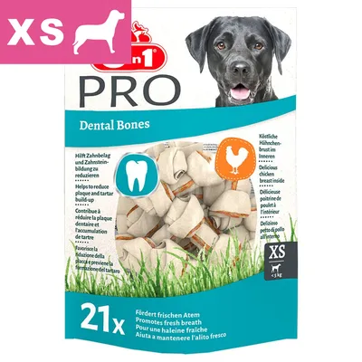 Opakowanie 8in1 PRO Dental Bones XS dla psów <5 kg, 21 sztuk. Widoczny napis: pomaga redukować płytkę nazębną, świeży oddech, z piersią kurczaka w środku.
