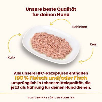 Unsere beste Qualität für deinen Hund. HFC-Rezepturen mit 100% Fleisch und/oder Fisch in Lebensmittelqualität: Kalb, Schinken, Reis. Jetzt als Nahrung für Hunde.