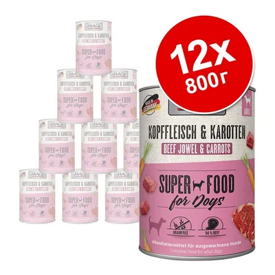 Комплект 12 консерви по 800 г MAC's KopfFleisch & Karotten Beef Jowel & Carrots Super Food for Dogs. Видими икони: без зърно, 94% говеждо. Етикет на немски и английски.