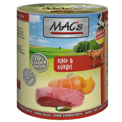 MAC's Rind & Kürbis, 70% Fleischanteil, Getreidefrei, Made in Germany. Immagine di carne e zucca sulla confezione. Testo in tedesco.