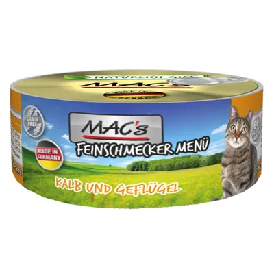 MAC's Feinschmecker Menü konzerva za mačke, Kalb und Geflügel, oznake: Grain Free, Made in Germany, slika mačke na pakiranju.