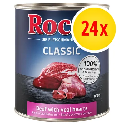Pack of 24 cans, beef with veal hearts, 800g each. Label states 100% fresh ingredients and grain-free.