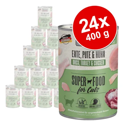 MAC's Super Food for Cats, anatra, tacchino e pollo, 24x400g, Made in Germany, senza cereali, alto contenuto di carne, alimento completo per gatti adulti.
