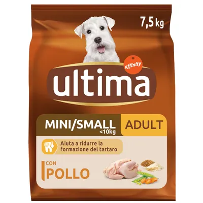 Ultima Adult Mini/Small <10kg hondenvoer, 7,5 kg. Met kip, erwten, wortel en granen. Affinity merk. Tekst: Aiuta a ridurre la formazione del tartaro.