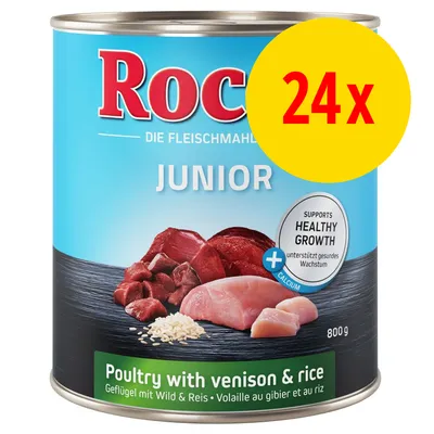 Rocco Junior dåse 800 g, 24x. Poultry with venison & rice. Supports healthy growth. Billede af kød og ris på etiketten. Synlig tekst også på tysk, fransk og engelsk.