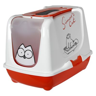 Zakrytý mačací záchod s červenobielym dizajnom, priehľadnými dvierkami a kresbou Simon's Cat na boku. Viditeľný nápis: Simon's Cat.