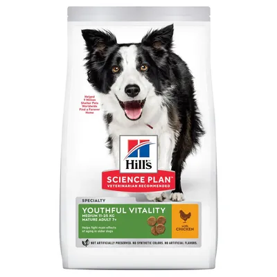 Hill's Science Plan Youthful Vitality torrfoder för hund, Medium 11–25 kg, Mature Adult 7+, med kyckling. Text: 'Helps fight main effects of aging in older dogs'.