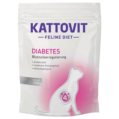 Kattovit Feline Diet Diabetes, regulace hladiny cukru v krvi, vysoký obsah bílkovin, střední energetická hodnota, nízký obsah sacharidů, obsah 1250 g.