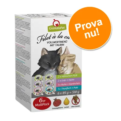 GranataPet Filet à la carte Vollwertmenü mit Taurin, 6 x 85 g. 2 x Hähnchen PUR, 2 x Ente & Huhn, 1 x Huhn & Kaninchen, 1 x Thunfisch & Pute. Prova nu!