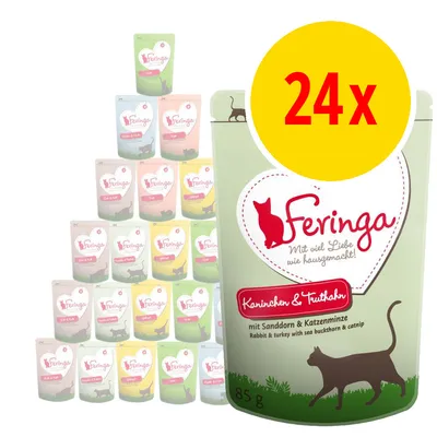Feringa kattmat, 24-pack à 85 g. Synliga smaker: Kanin & kalkon med havtorn och kattmynta. Förpackningar i olika färger staplade i pyramid. Stor gul cirkel med texten 24x.