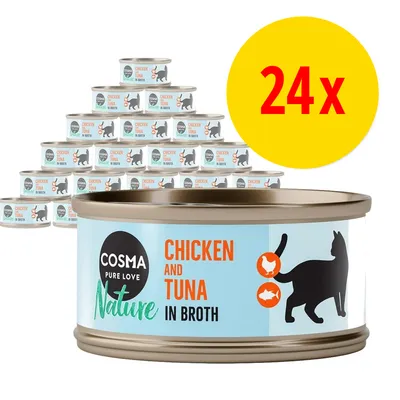 24 burkar Cosma Pure Love Nature Chicken and Tuna in Broth kattmat, etikett med svart katt och text på engelska. Stor gul cirkel med röd text: 24x.