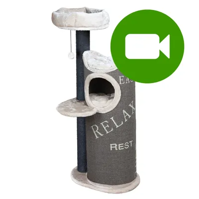 Przycisk odtwarzania wideo. Kliknij tutaj, aby obejrzeć film prezentujący drapak dla kota z napisem RELAX REST.