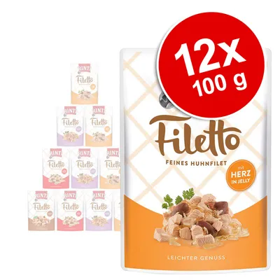 RINTI Filetto Feines Huhnfilet, mit HERZ IN JELLY, LEICHTER GENUSS. Pakke med 12 x 100 g poser synlige. Billede viser forskellige varianter af produktet.