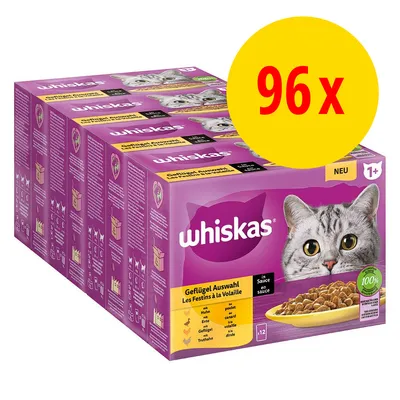 Whiskas Geflügel Auswahl våtfoder för katt, 96 x portionspåsar. Text: NEU, 1+, in Sauce, 100 %. Bild på katt och skål med foder synlig på förpackningen.