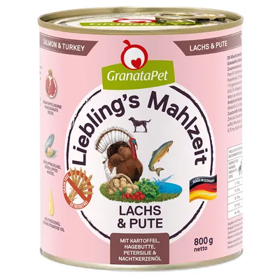 GranataPet Lieblings Mahlzeit salmon & turkey, with potato, rosehip, parsley and evening primrose oil, Made in Germany, 800g net.