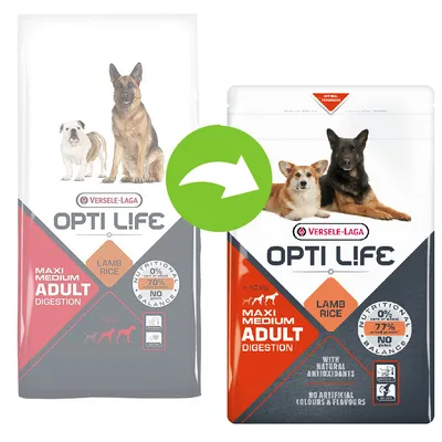 Versele-Laga Opti Life Maxi Medium Adult Digestion Lamb Rice hondenvoer, oude en nieuwe verpakking met zichtbare productnaam en voedingsinformatie op beide zakken.