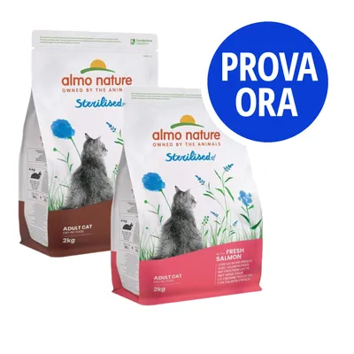 Due confezioni di Almo Nature Sterilised Adult Cat 2 kg con salmone fresco, scritta promozionale 'PROVA ORA' su sfondo blu.