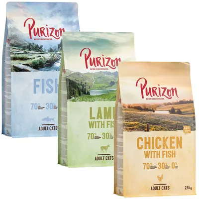 Trois sacs de croquettes Purizon pour chats adultes : Fish, Lamb with Fish et Chicken with Fish. Textes visibles : 70 % – 30 %, 0 %, 2,5 kg sur le sac Chicken with Fish.